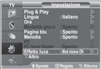 TV Plug & Play Lingua : Italiano Ora Modalità gioco : Spento Pagina blu : Spento Melodia : Spento PC PC Home theater : Spento Effetto luce : Mod visione ON Altro Sposta Regola Ritorno