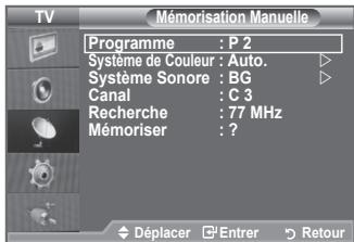 SAMSUNG LE40A552P3R - Vous pouvez mémoriser les canaux de télévision, y compris ceux reçus via les réseaux câblés. Lors de la mémorisation manuelle des canaux, vous pouvez choisir : - 2