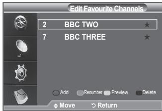 Edit Favourite Channels 2 BBC TWO ★ 7 BBC THREE ★ Add Renumber Preview Delete → Move → Return
