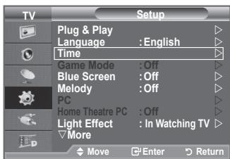 TV Setup Plug & Play Language : English Time Game Mode : Off Blue Screen : Off Melody : Off PC Home Theatre PC : Off Light Effect : In Watching TV More Move Enter Return
