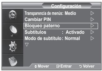 Configuración Transparencia de menús: Medio Cambiar PIN Bloqueo paterno Subtítulos : Activado Modo de subtítulo: Normal Mover Entrar Volver