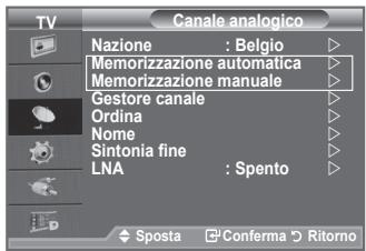 TV Nazione : Belgio Memorizzazione automatica Memorizzazione manuale Gestore canale Ordina Nome Sintonia fine LNA : Spento ◆ Sposta □ Conferma ◯ Ritorno