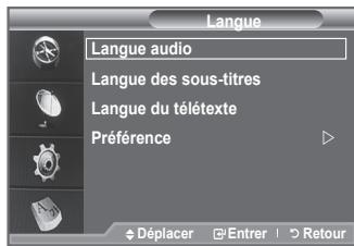 Langue Langue audio Langue des sous-titres Langue du télétexte Préférence Déplacer Entrer Retour