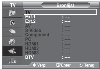TV Bronlijst TV Ext.1 Ext.2 AN S-Video Component PC HDMI1 HDMI2 HDMI3 DTV Verpl Enter Terug