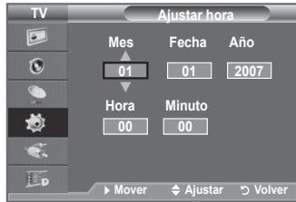 TV Ajustar hora Mes Fecha Año 01 01 2007 Hora Minuto 00 00 Mover ✓ Ajustar ✓ Volver