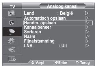 Analoog kanaal Land : België Automatisch opslaan Handm. opslaan Kanaalbeheer Sorteren Naam Fijnafstemming LNA : Uit Verpi Enter Terug