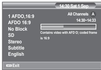 14:30 Sat 1 Sep 1 AFDO,16:9 All Channels A AFDO 16:9 14:30~14:33 No Block SD Stereo Subtitle English Contains video with AFD O; coded frame is 16:9 aud Exit