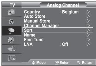 Analog Channel Country : Belgium Auto Store Manual Store Channel Manager Sort Name Fine Tune LNA : Off Move Enter Return