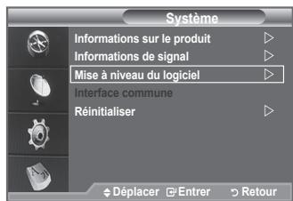 Système Informations sur le produit Informations de signal Mise à niveau du logiciel Interface commune Réinitialiser Déplacer Entrer Retour