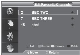 Edit Favourite Channels 2 BBC TWO ★ 7 BBC THREE ★ 15 abc1 ★ Add Renumber Preview Delete Move Return