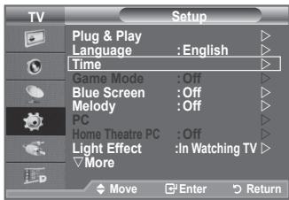 TV Setup Plug & Play Language : English Time Game Mode : Off Blue Screen : Off Melody : Off PC Home Theatre PC : Off Light Effect : In Watching TV More Move Enter Return