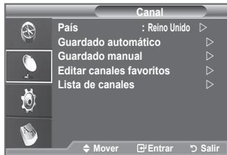 Canal País : Reino Unido ▷ Guardado automático ▷ Guardado manual ▷ Editar canales favoritos ▷ Lista de canales ▷ Mover □ Entran □ Salir