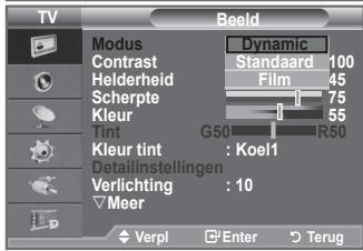 TV Modus Contrast Helderheid Scherpte Kleur Tint Kleur tint : Koel1 Detaillinstellingen Verlichting : 10 Meer Dynamic Standaard 100 Film 45 75 55 G50 R50 Verpi Enter Terug