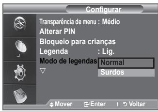 Configurar Transparência de menu : Médio Alterar PIN Bloqueio para crianças Legenda : Líg. Modo de legendas Normal Surdos Mover Enter Voltar
