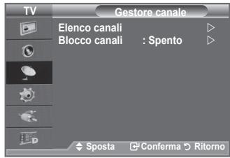 TV Gestore canale Elenco canali Blocco canali : Spento Sposta Conferma Ritorno