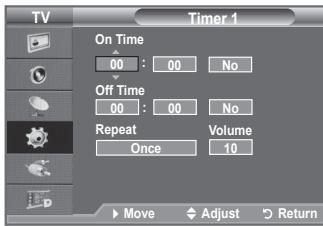 TV Timer 1 On Time 00 : 00 No Off Time 00 : 00 No Repeat Volume Once 10 Move Adjust Return