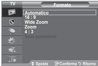 TV Formato Automatico 16 : 9 Wide Zoom Zoom 4 : 3 Solo scansione Sposta Conferma Ritorno