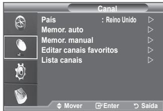 Canal País : Reino Unido Memor. auto Memor. manual Editar canais favoritos Lista canais Mover Enter Saída