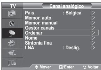 TV Canal analógico País : Bélgica Memor. auto Memor. manual Gestor canais Ordenar Nome Sintonia fina LNA : Deslig. Mover Enter Voltar