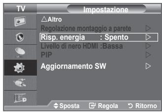 TV Impostazione Altro Regolazione montaggio a parete Risp. energia : Spento Livello di nero HDMI :Bassa PIP Aggiornamento SW Sposta Regola Ritorno