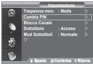 Impostazione Trasparenza menu : Media ▶ Cambia PIN ▶ Blocco Canale ▶ Sottotitolo : Acceso ▶ Mod Sottotitoli : Normale ▶ Sposta Conferma Ritorno