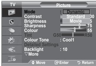 TV Picture Mode : Dynamic Contrast Standard 00 Brightness Movie 5 Sharpness 75 Colour 55 Tint G50 R50 Colour Tone : Cool1 Detailed Settings Backlight : 10 More Move Enter Return