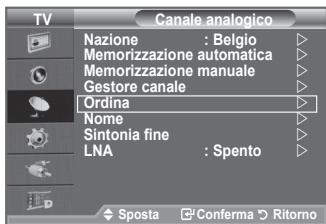 TV Canale analogico Nazione : Belgio Memorizzazione automatica Memorizzazione manuale Gestore canale Ordina Nome Sintonia fine LNA : Spento Sposta Conferma Ritorno