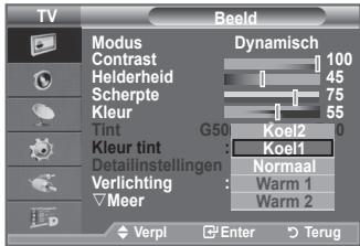 TV Modus Contrast Helderheid Scherpte Kleur Tint G50 Dynamisch 100 45 75 55 Koel2 Koel1 Detaillinstellingen Normaal Verlichting Warm 1 Warm 2 Meer Verpl Enter Terug