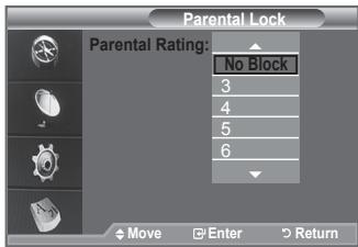 Parental Lock Parental Rating: No Block 3 4 5 6 Move Enter Return