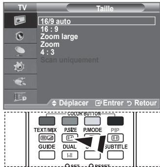 TV Taille 16/9 auto 16 : 9 Zoom large Zoom 4 : 3 Scan uniquement Déplacer Entrer Retour COOKN BUTTON TEXT/MIX PSIZE P.MODE PIP GUIDE DUAL SUBTITLE SET RESET