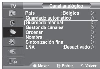 TV Canal analógico País :Bélgica Guardado automático Guardado manual Gestor de canales Ordenar Nombre Sintonización fina LNA :Desactivado Mover Entrar Volver