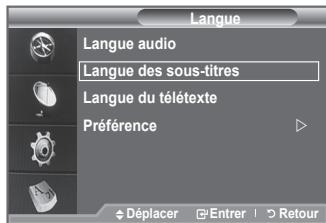Langue Langue audio Langue des sous-titres Langue du télétexte Préférence Déplacer Entrer Retour