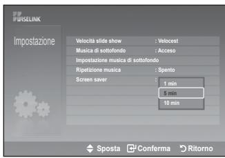 Impostazione Velocità slide show : Velocast Musica di sottofondo : Acceso Impostazione musica di sottofondo Ripetizione musica : Spento Screen saver 1 min 5 min 10 min Sposta Conferma Ritorno