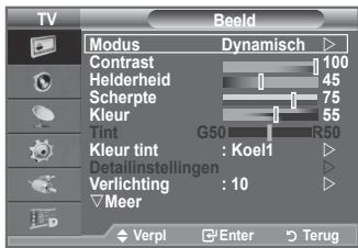 TV Modus Contrast Helderheid Scherpte Kleur Tint G50 R50 Kleur tint : Koel1 Detailinstellingen Verlichting : 10 Meer Verpl Enter Terug