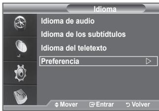 Idioma Idioma de audio Idioma de los subtítulos Idioma del teletexto Preferencia Mover Entrar Volver