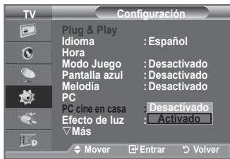TV Configuración Plug & Play Idioma : Español Hora Modo Juego : Desactivado Pantalla azul : Desactivado Melodia : Desactivado PC PC cine en casa : Desactivado Efecto de luz : Activado Más Mover Enrar Volver