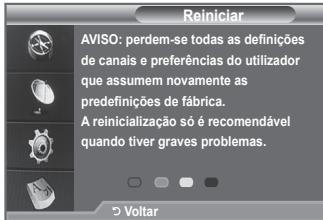 Reiniciar AVISO: perdem-se todas as definições de canais e preferências do utilizador que assumem novamente as predefinições de fábrica. A reinicialização só é recomendável quando tiver graves problemas. Voltar