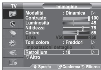 TV Imagine Modalità : Dinamica Contrasto 100 Luminosità 45 Nitidezza 75 Colore 55 Tinta V50 R50 Toni colore : Freddo1 Impostazioni dettaglio Retroillum : 10 Altro Sposta Conferma Ritorno