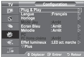 TV Configuration Plug & Play Langue :Français Horloge Mode Jeu :Arrêt Ecran Bleu :Arrêt Mélodie :Arrêt PC PC Home cinéma :Arrêt Effet lumineux :LED act. marche Plus Déplacer Enterr Retour