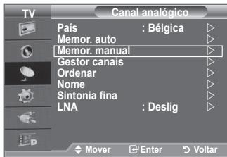 TV Canal analógico País : Bélgica Memor. auto Memor. manual Gestor canais Ordenar Nome Sintonia fina LNA : Deslig Mover Enter Voltar