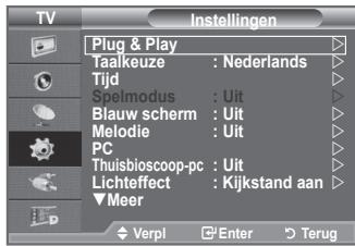 TV Plug & Play Taalkeuze : Nederlands Tijd Spelmodus : Uit Blauw scherm : Uit Melodie : Uit PC Thuisbioscoop-pc : Uit Lichteffect : Kijkstand aan ▼Meer Verpi Enter Terug