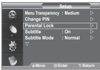 Setup Menu Transparency : Medium Change PIN Parental Lock Subtitle : On Subtitle Mode : Normal Move Enter Return