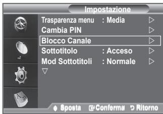 Impostazione Trasparenza menu : Media ▷ Cambia PIN ▷ Blocco Canale ▷ Sottotitolo : Acceso ▷ Mod Sottotitoli : Normale ▷ Sposta Conferma Ritorno