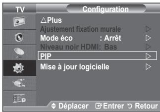 TV Configuration Plus Ajustement fixation murale Mode éco : Arrêt Niveau noir HDMI: Bas PIP Mise à jour logicielle Déplacer Entrer Retour