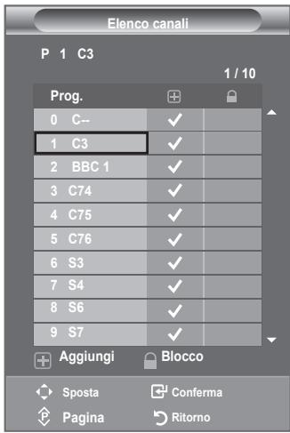 Elenco canali P 1 C3 1 / 10 Prog. 0 C-- 1 C3 2 BBC 1 3 C74 4 C75 5 C76 6 S3 7 S4 8 S6 9 S7 Aggiungi Blocco Sposta Conferma Pagina Ritorno