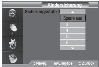 Kindersicherung Sicherungsstufe: Sperre aus 3 4 5 6 Navig. Eingabe Zurück