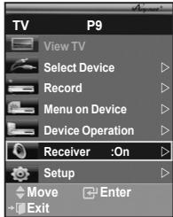 TV P9 View TV Select Device Record Menu on Device Device Operation Receiver :On Setup Move Enter Exit