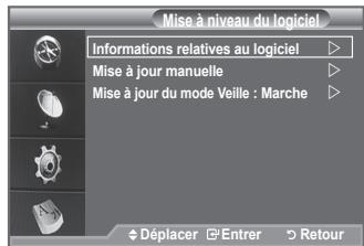 Mise à niveau du logiciel Informations relatives au logiciel Mise à jour manuelle Mise à jour du mode Veille : Marche Déplacer Entrer Retour