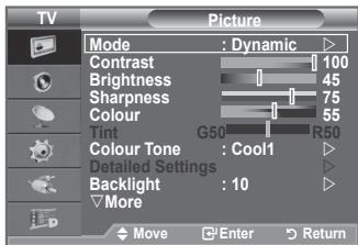 TV Picture Mode : Dynamic Contrast 100 Brightness 45 Sharpness 75 Colour 55 Tint G50 R50 Colour Tone : Cool1 Detailed Settings Backlight : 10 More Move Enter Return