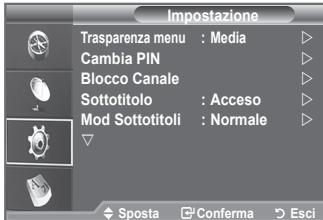 Impostazione Trasparenza menu : Media Cambia PIN Blocco Canale Sottotitolo : Acceso Mod Sottotitoli : Normale Sposta Conferma Esci